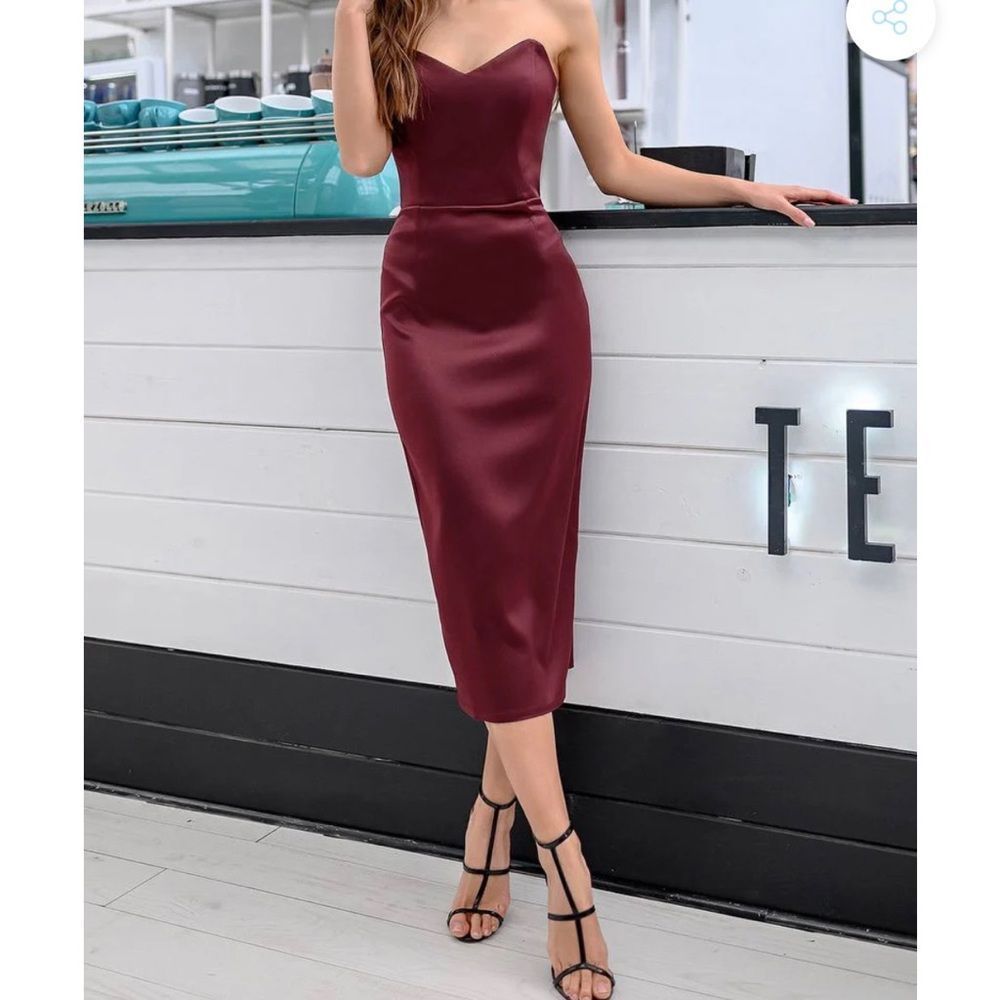 Elagia Burgundy Dark Red Silk Satin Strapless Sweetheart Midi Dress